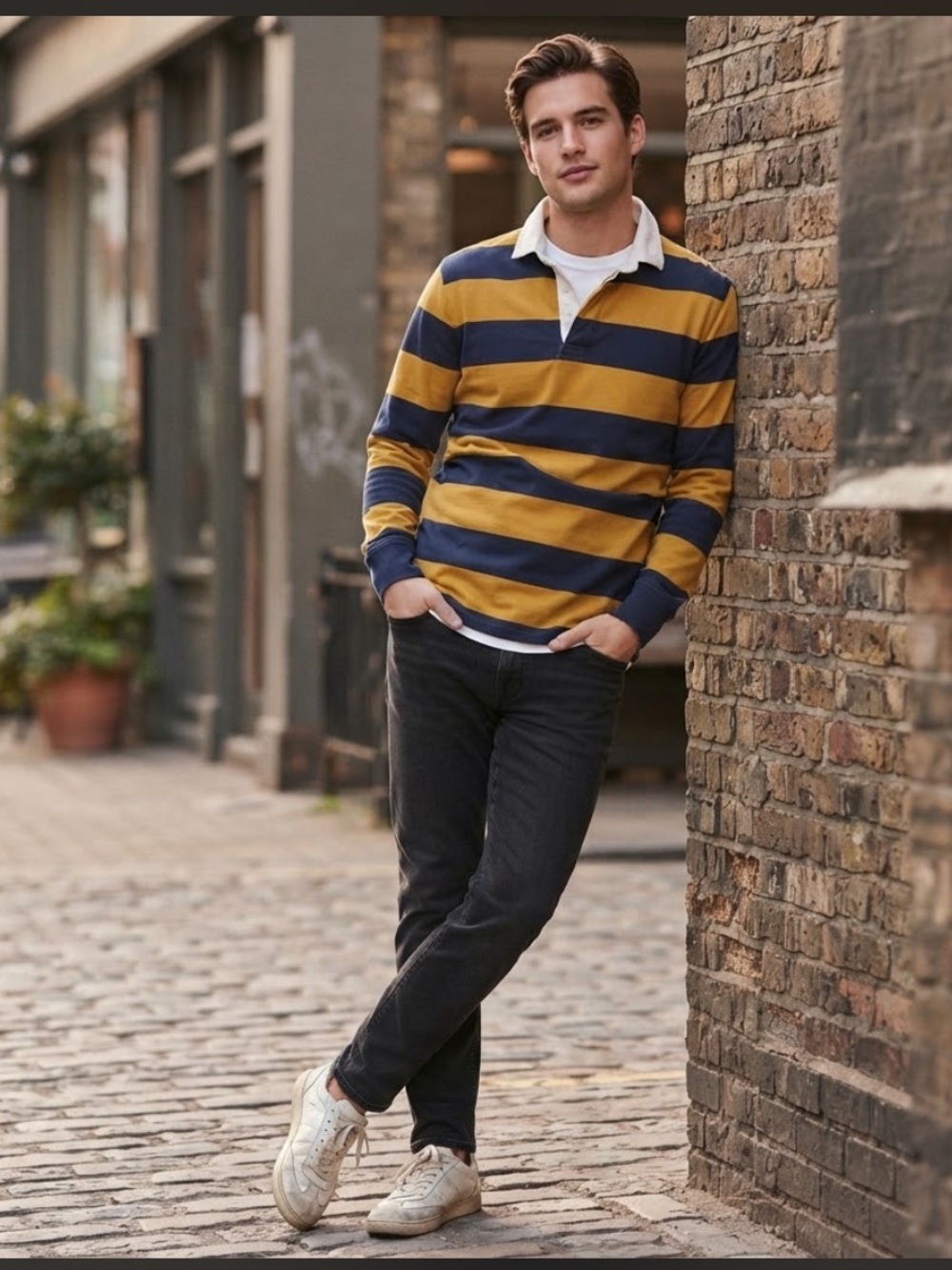 J.Crew Long Sleeve Striped Rugby Shirt Mens Large Blue Mustard Yellow Heavy